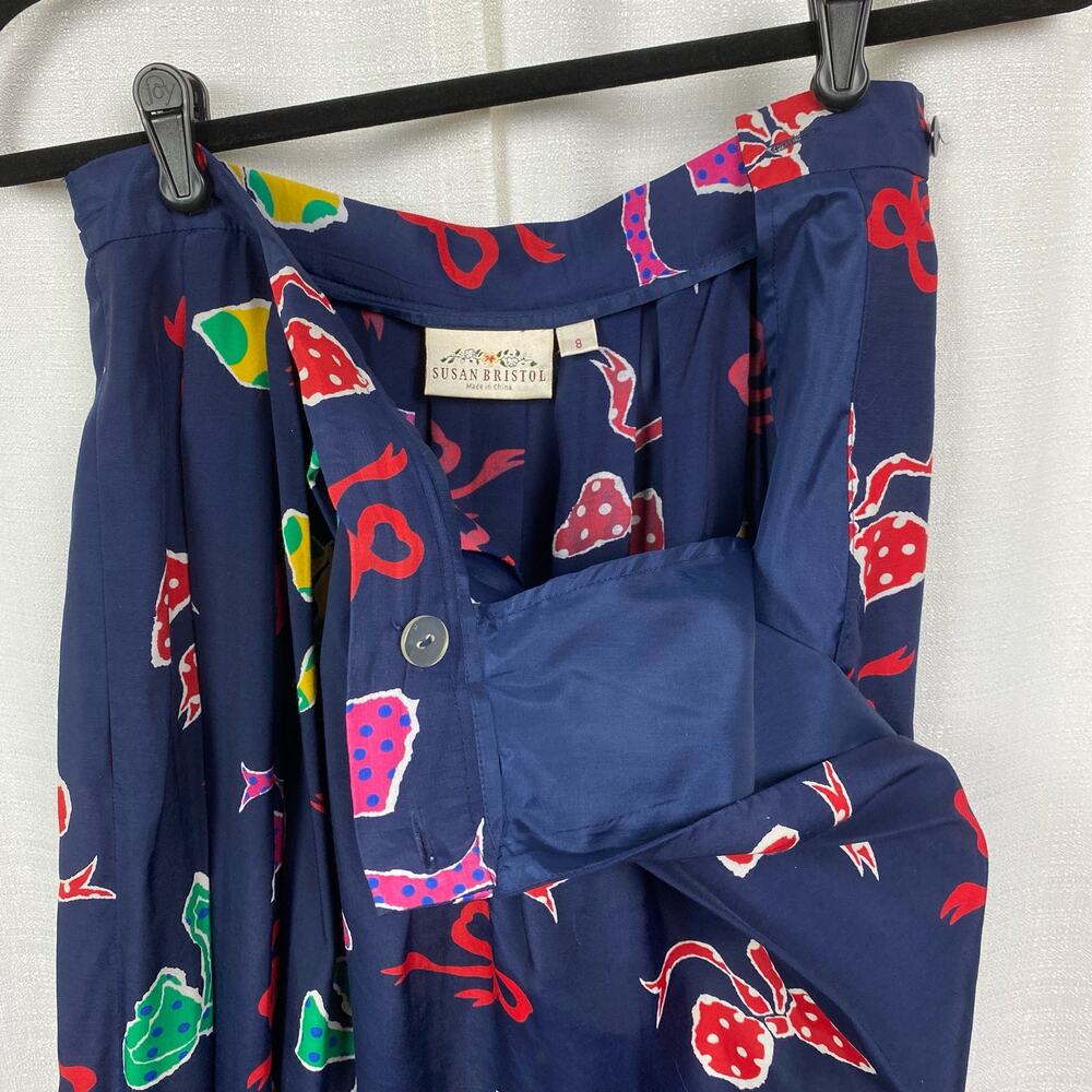 Susan Bristol Vintage Two Piece Blue&Multi Bow Print Blouse&Skirt Sz.8 - Picture 7 of 14